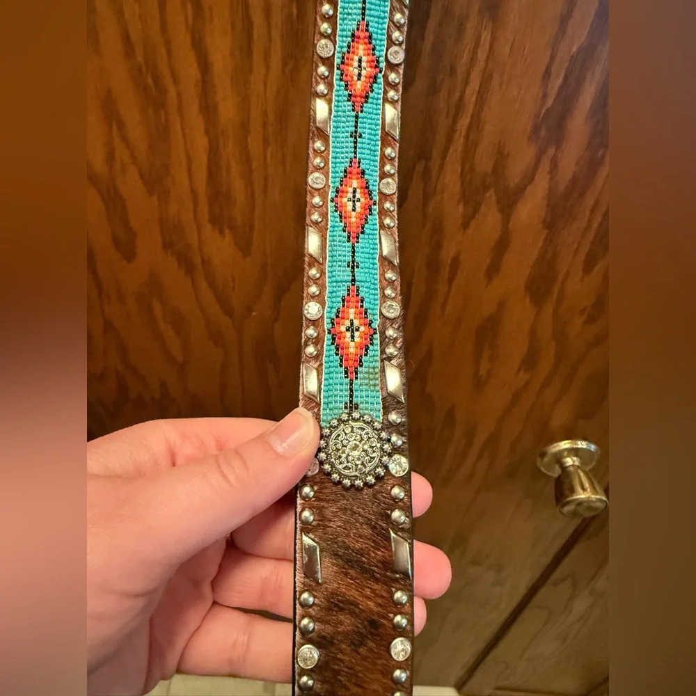 Turquoise and Brown Beaded & Hair on Hide Belt